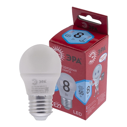 Лампа светодиодная RED LINE LED P45-8W-840-E27 R 8Вт P45 шар 4000К нейтр. бел. E27 Эра Б0049645 - №1
