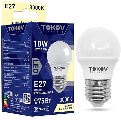 Лампа светодиодная 10Вт G45 3000К Е27 176-264В TOKOV ELECTRIC TKE-G45-E27-10-3K - №1