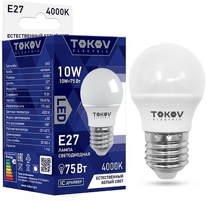 Лампа светодиодная 10Вт G45 4000К Е27 176-264В TOKOV ELECTRIC TKE-G45-E27-10-4K - №1